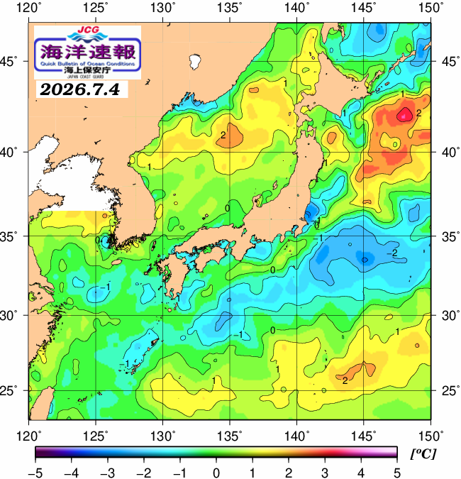 ７月４日の、海水表面温度（平年比）、 https://www1.