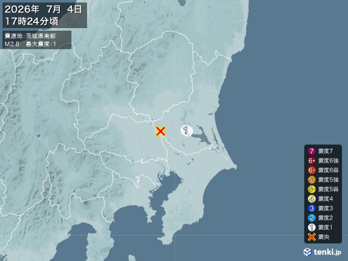 17時24分ごろ、Ｍ２．８　茨城県南部 北緯36.1度　東経13