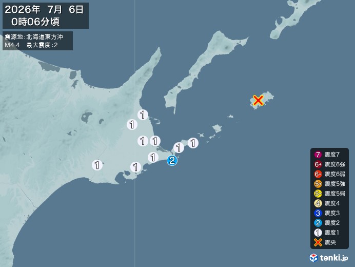 0時6分ごろ、Ｍ４．４　北海道東方沖 北緯43.8度　東経146