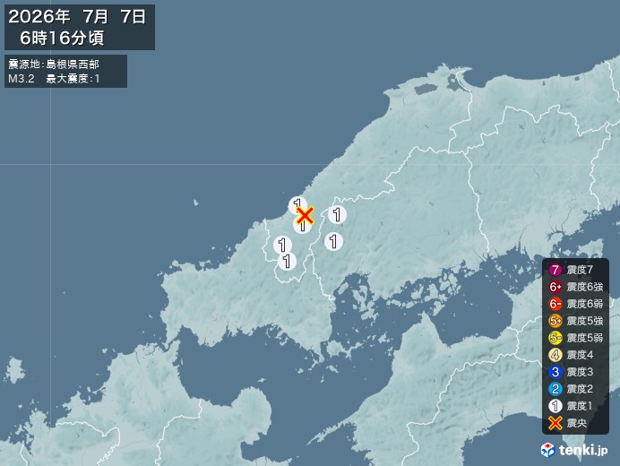 6時16分ごろ、Ｍ３．２　島根県西部 北緯34.7度　東経132
