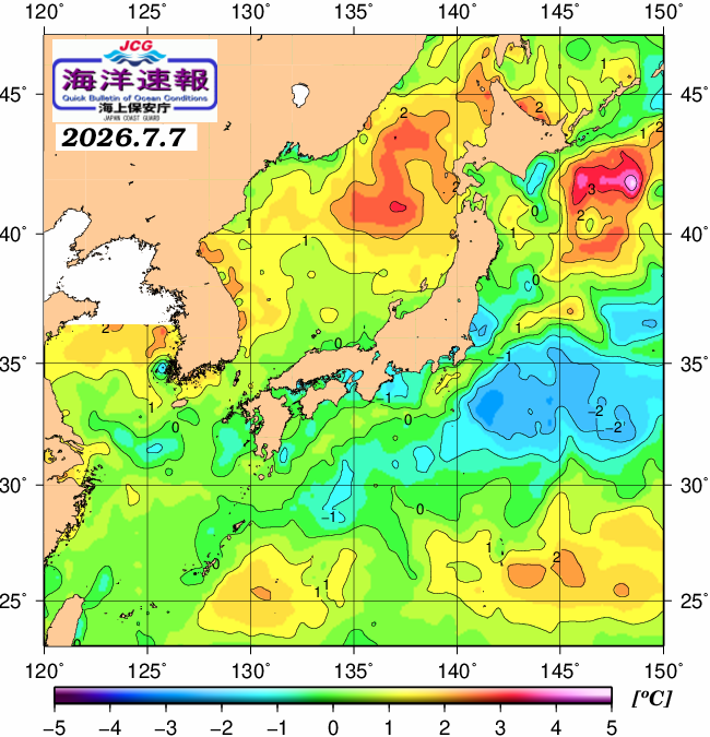 ７月６日の、海水表面温度（平年比）、 https://www1.