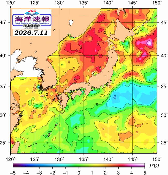 ７月１１日の、海水表面温度（平年比）、 https://www1