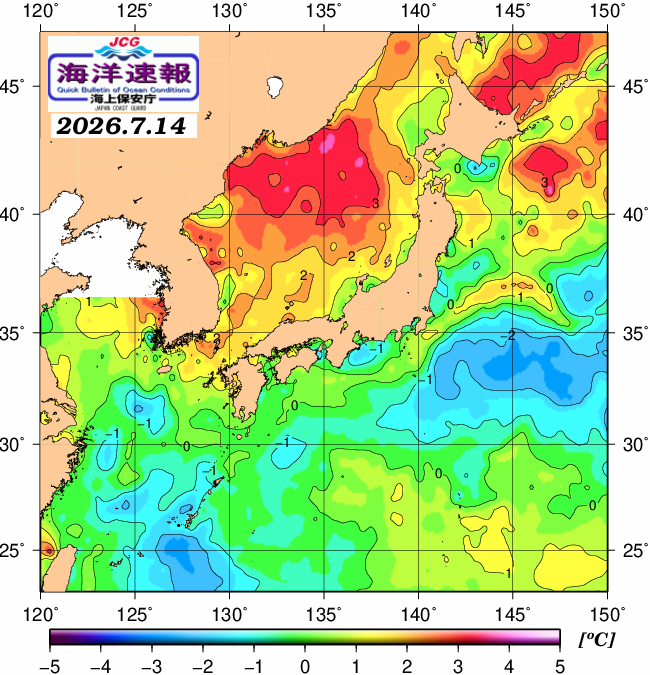 ７月１４日の、海水表面温度（平年比）、 https://www1