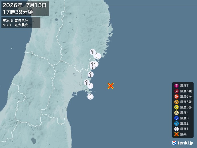 17時39分ごろ、Ｍ３．９　宮城県沖 北緯38.5度　東経142