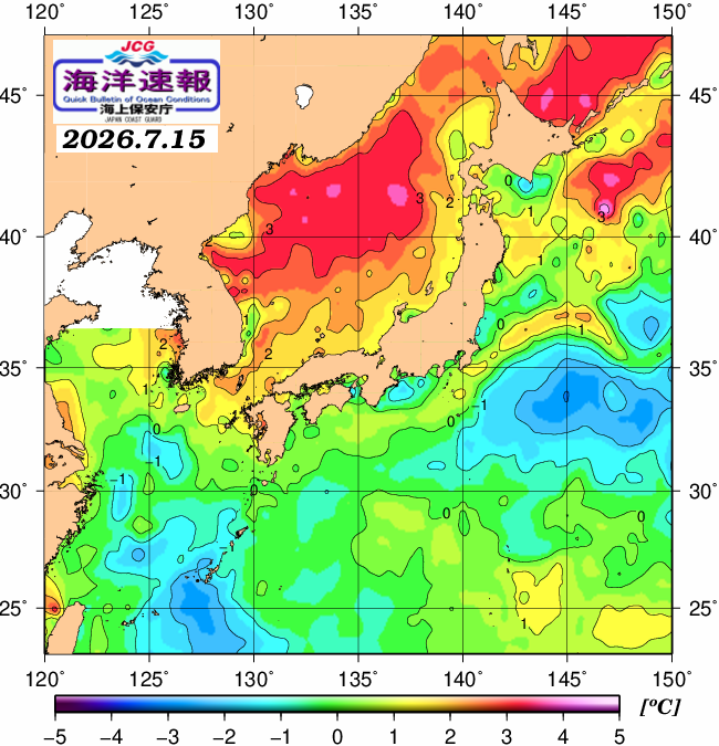 ７月１５日の、海水表面温度（平年比）、 https://www1