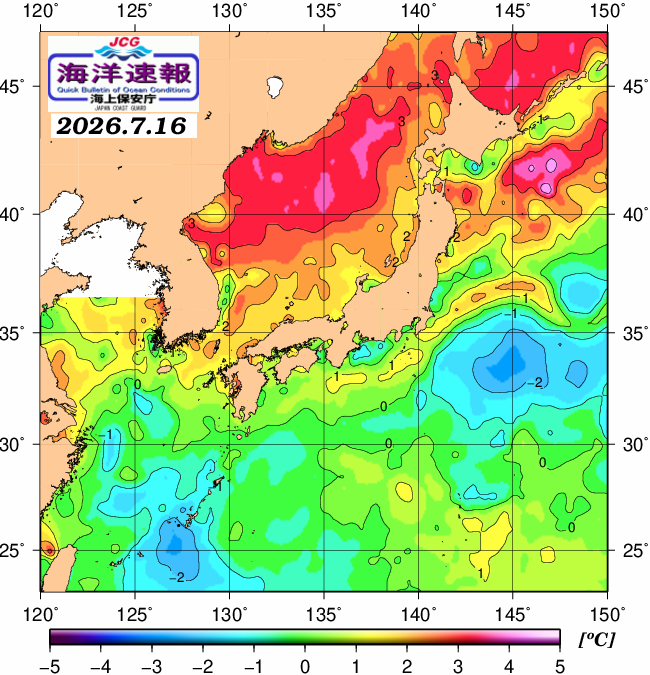 ７月１６日の、海水表面温度（平年比）、 https://www1