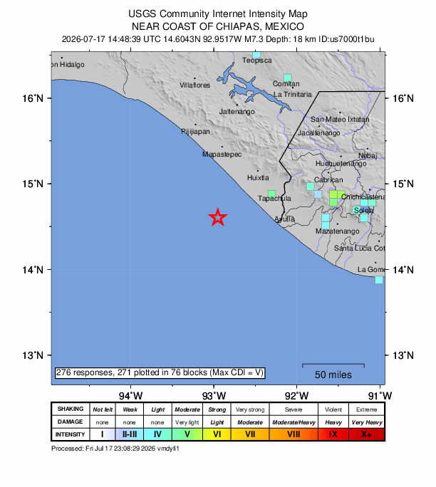 ＵＳＧＳ、23時48分39分　Ｍ７．４→Ｍ７．３　メキシコ・プエ