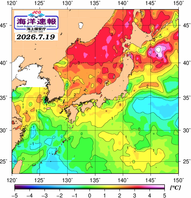 ７月１９日の、海水表面温度（平年比）、 https://www1