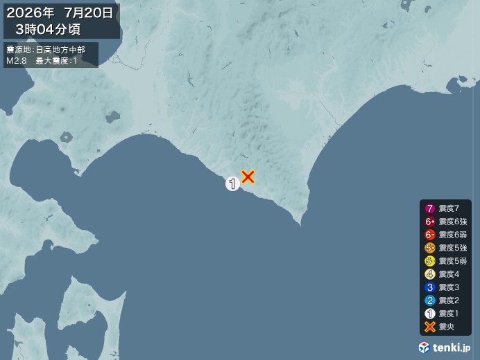 3時4分ごろ、Ｍ２．８　日高地方中部 北緯42.3度　東経142