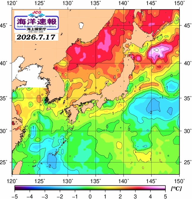 ７月２０日の、海水表面温度（平年比）、 https://www1