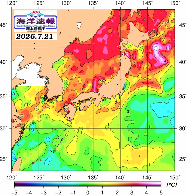 ７月２１日の、海水表面温度（平年比）、 https://www1