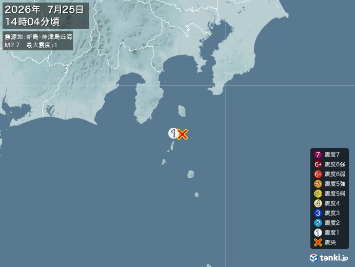 14時4分ごろ、Ｍ２．７　新島・神津島近海 北緯34.5度　東経