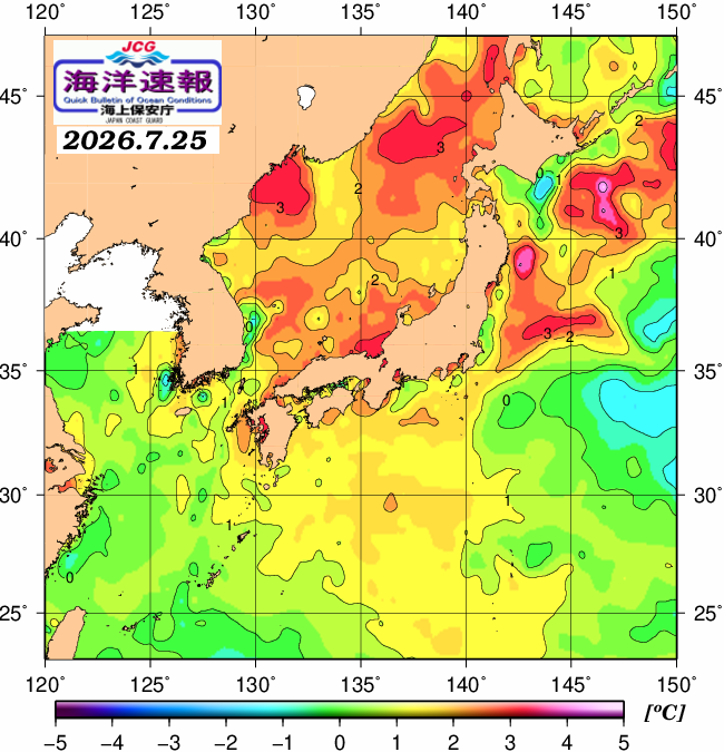 ７月２５日の、海水表面温度（平年比）、 https://www1