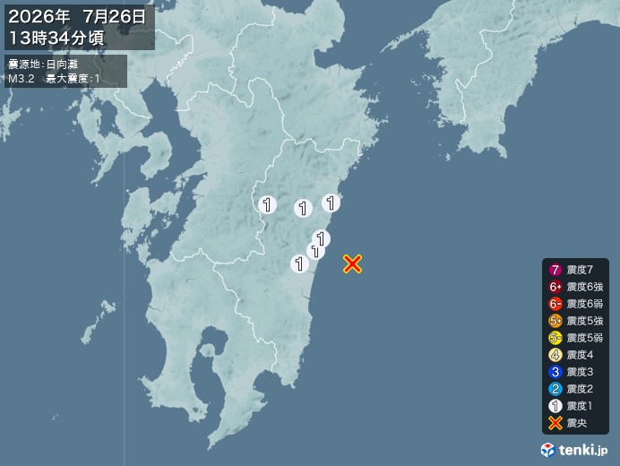 13時34分ごろ、Ｍ３．２　日向灘 北緯32.1度　東経131.