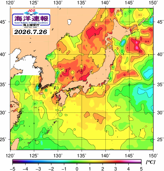 ７月２６日の、海水表面温度（平年比）、 https://www1