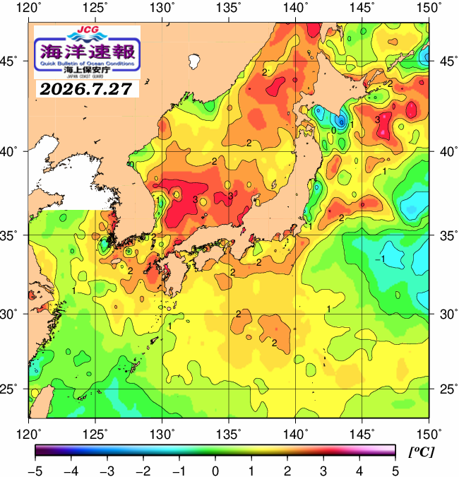 ７月２７日の、海水表面温度（平年比）、 https://www1