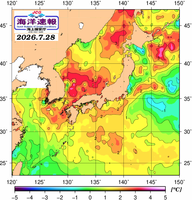 ７月２８日の、海水表面温度（平年比）、 https://www1