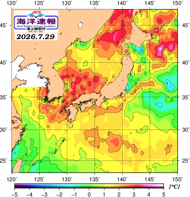 ７月２９日の、海水表面温度（平年比）、 https://www1