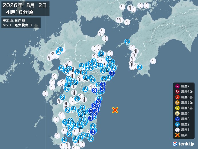 4時10分ごろ、Ｍ５．３　日向灘 北緯32.0度　東経132.0