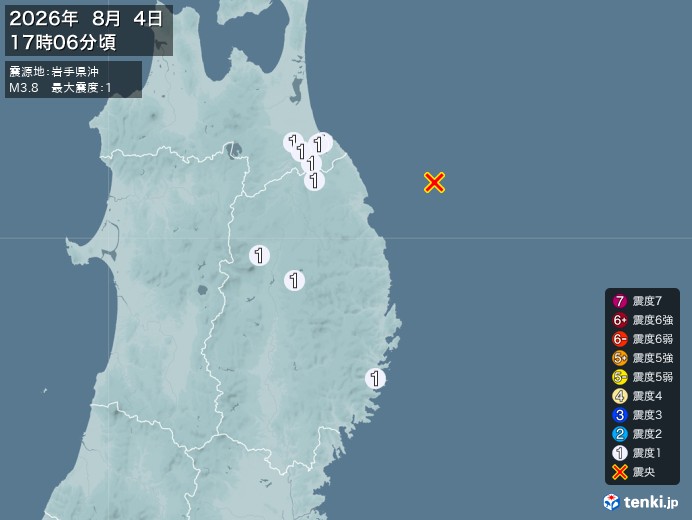 17時6分ごろ、Ｍ３．８　岩手県沖 北緯40.3度　東経142.