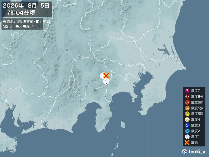 7時4分ごろ、Ｍ２．６　山梨県東部・富士五湖 北緯35.6度　東
