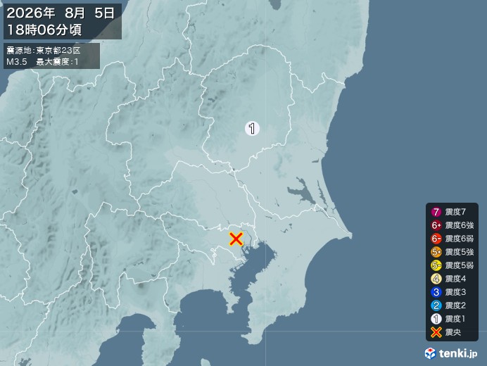18時6分ごろ、Ｍ３．５　東京都２３区 北緯35.7度　東経13
