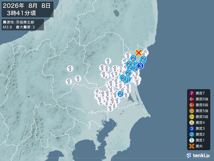 3時41分ごろ、Ｍ３．９　茨城県北部 北緯36.8度　東経140