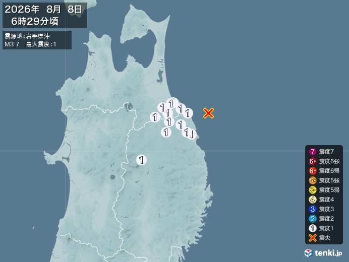 6時29分ごろ、Ｍ３．７　岩手県沖 北緯40.4度　東経142.