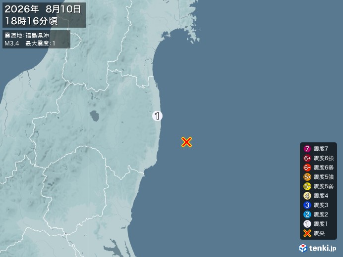 18時16分ごろ、Ｍ３．４　福島県沖 北緯37.2度　東経141