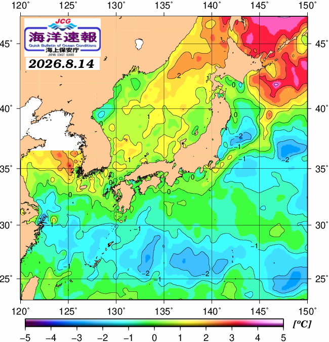 ８月１４日の、海水表面温度（平年比）、 https://www1
