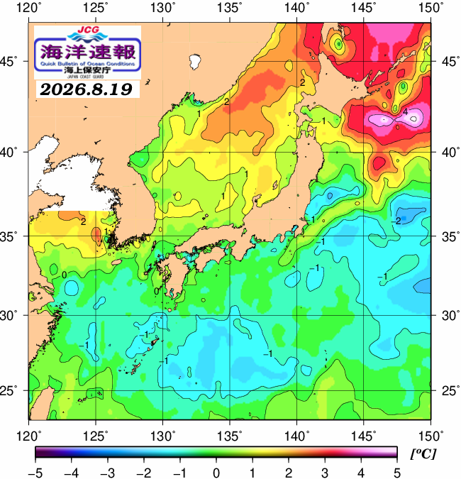 ８月１９日の、海水表面温度（平年比）、 https://www1