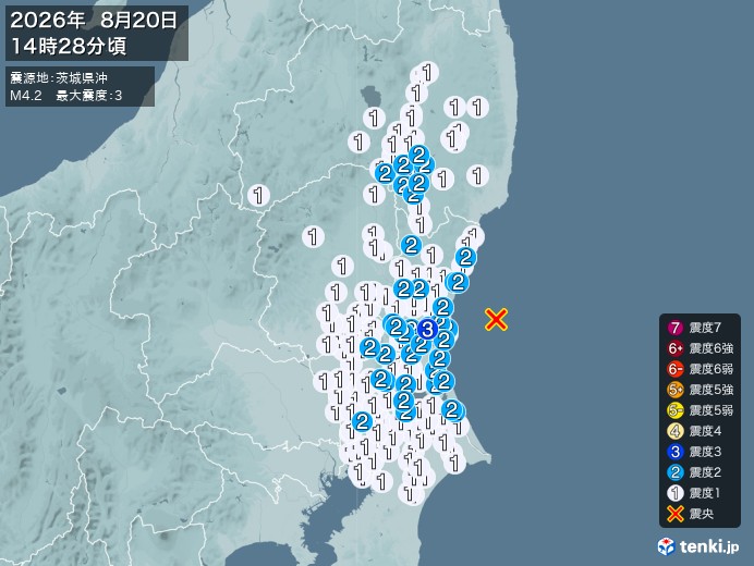 14時28分ごろ、Ｍ４．２　茨城県沖 北緯36.4度　東経140