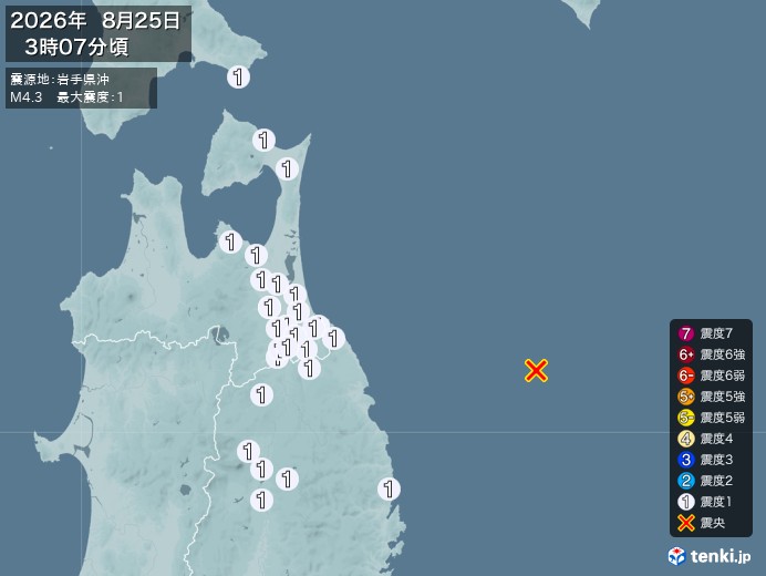 3時7分ごろ、Ｍ４．３　岩手県沖 北緯40.3度　東経142.9