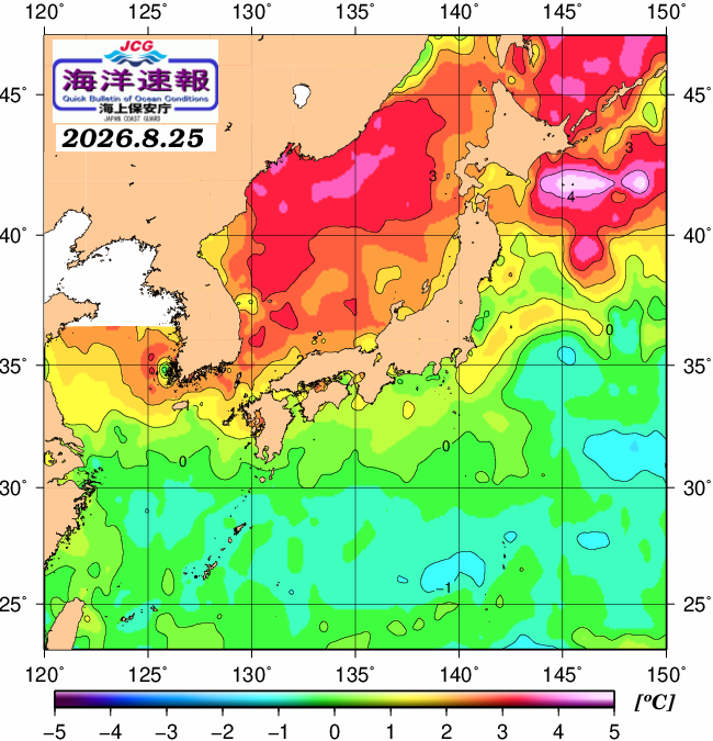 ８月２５日の、海水表面温度（平年比）、 https://www1