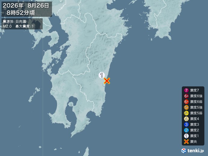 8時52分ごろ、Ｍ２．０　日向灘 北緯32.0度　東経131.5