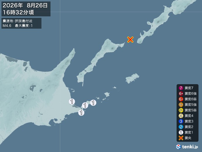 16時32分ごろ、Ｍ４．６　択捉島付近 北緯44.5度　東経14