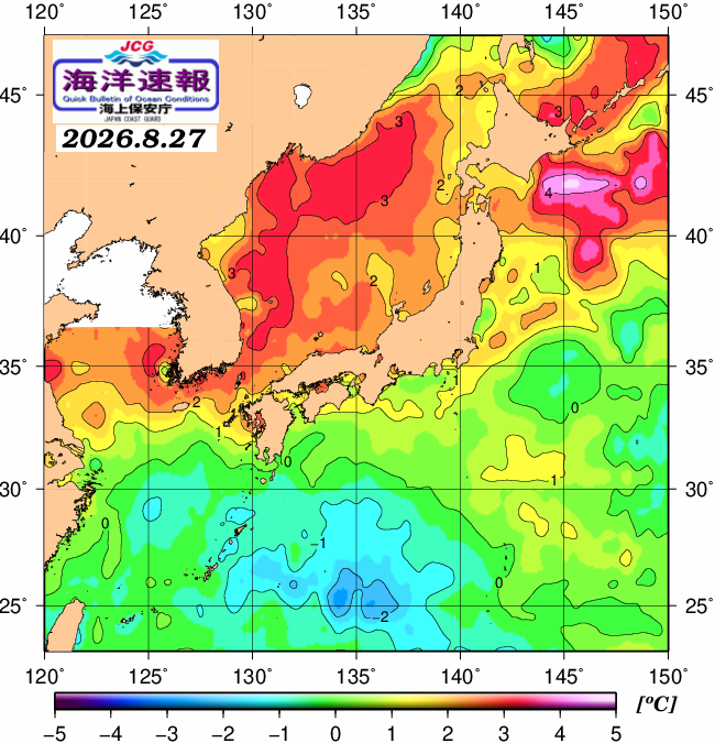 ８月２７日の、海水表面温度（平年比）、 https://www1