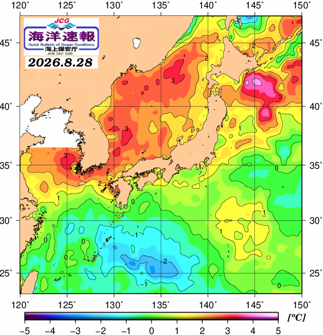 ８月２８日の、海水表面温度（平年比）、 https://www1