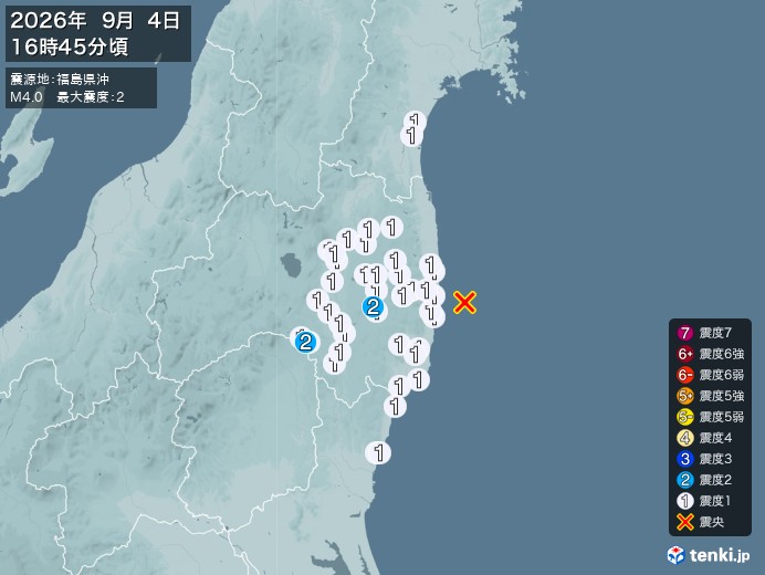 16時45分ごろ、Ｍ４．０　福島県沖 北緯37.3度　東経141