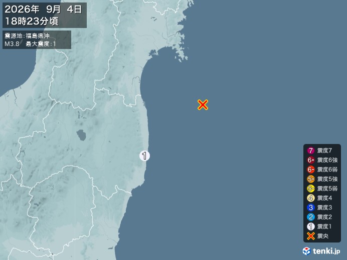 18時23分ごろ、Ｍ３．８　福島県沖 北緯37.8度　東経141
