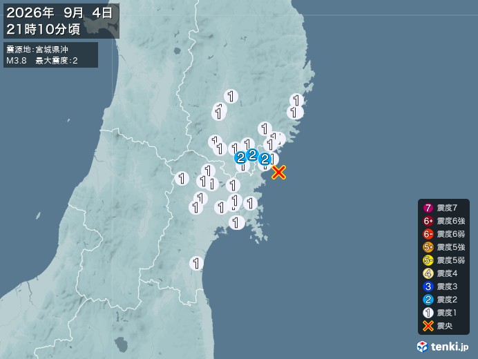 21時10分ごろ、Ｍ３．８　宮城県沖 北緯38.8度　東経141