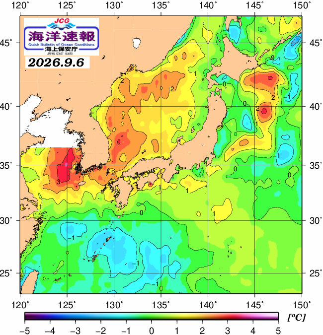 ９月６日の、海水表面温度（平年比）、 https://www1.