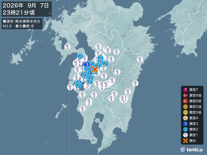23時21分ごろ、Ｍ３．８　熊本県熊本地方 北緯32.5度　東経