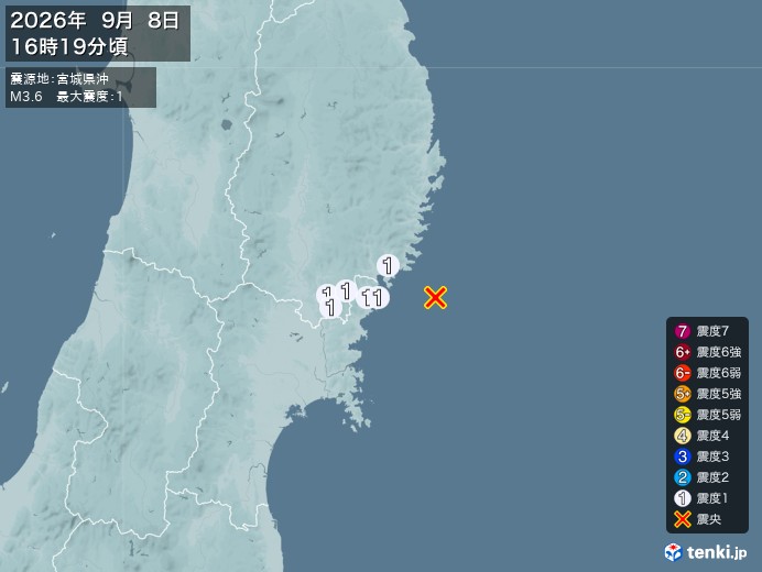 16時19分ごろ、Ｍ３．６　宮城県沖 北緯38.9度　東経142