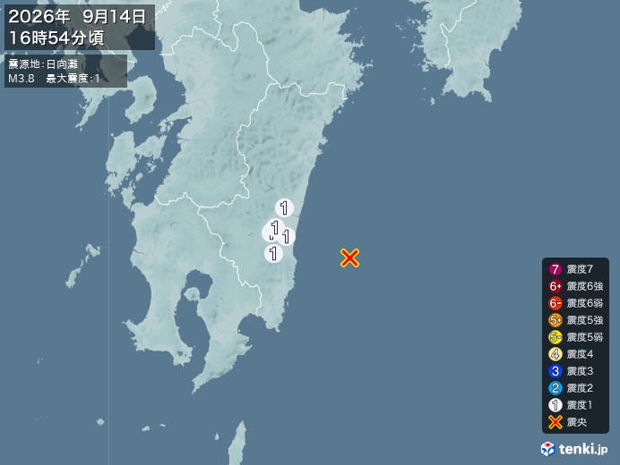 16陣54分ごろ、Ｍ３．８　日向灘 北緯31.8度　東経131.