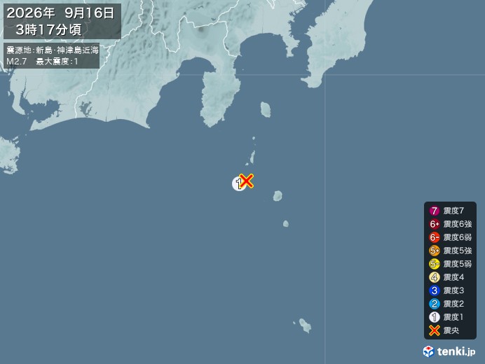 3時17分ごろ、Ｍ２．７　新島神津島近海 北緯34.2度　東経1