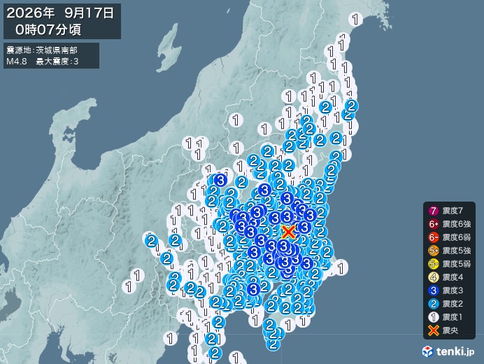 0時7分ごろ、Ｍ４．８　茨城県南部 北緯36.1度　東経140.