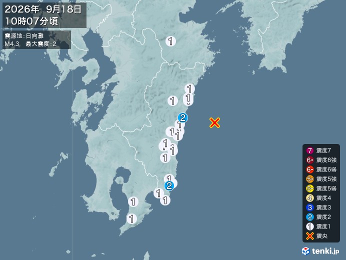 10時7分ごろ、Ｍ４．３　日向灘 北緯32.2度　東経132.0