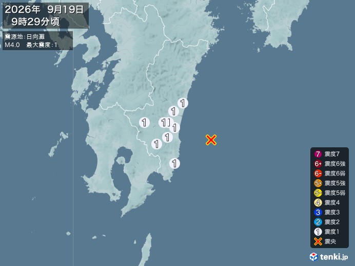 9時29分ごろ、Ｍ４．０　日向灘 北緯31.8度　東経131.9