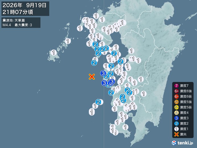 21時7分ごろ、Ｍ４．４　天草灘 北緯32.3度　東経129.7